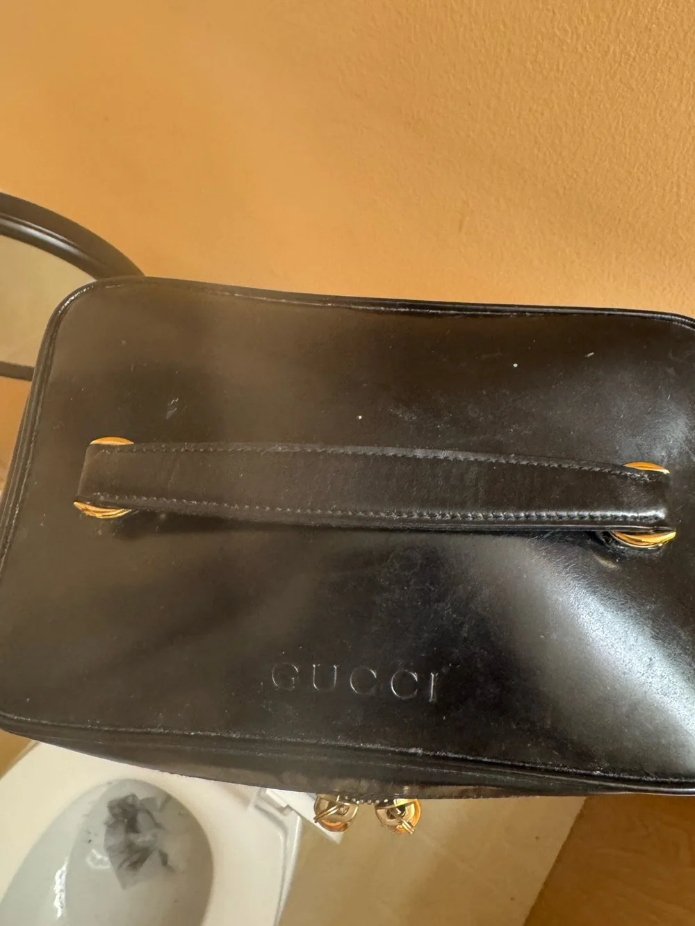 Vintage Gucci Black Leather Bamboo Vanity Cosmetic Train Case Italy